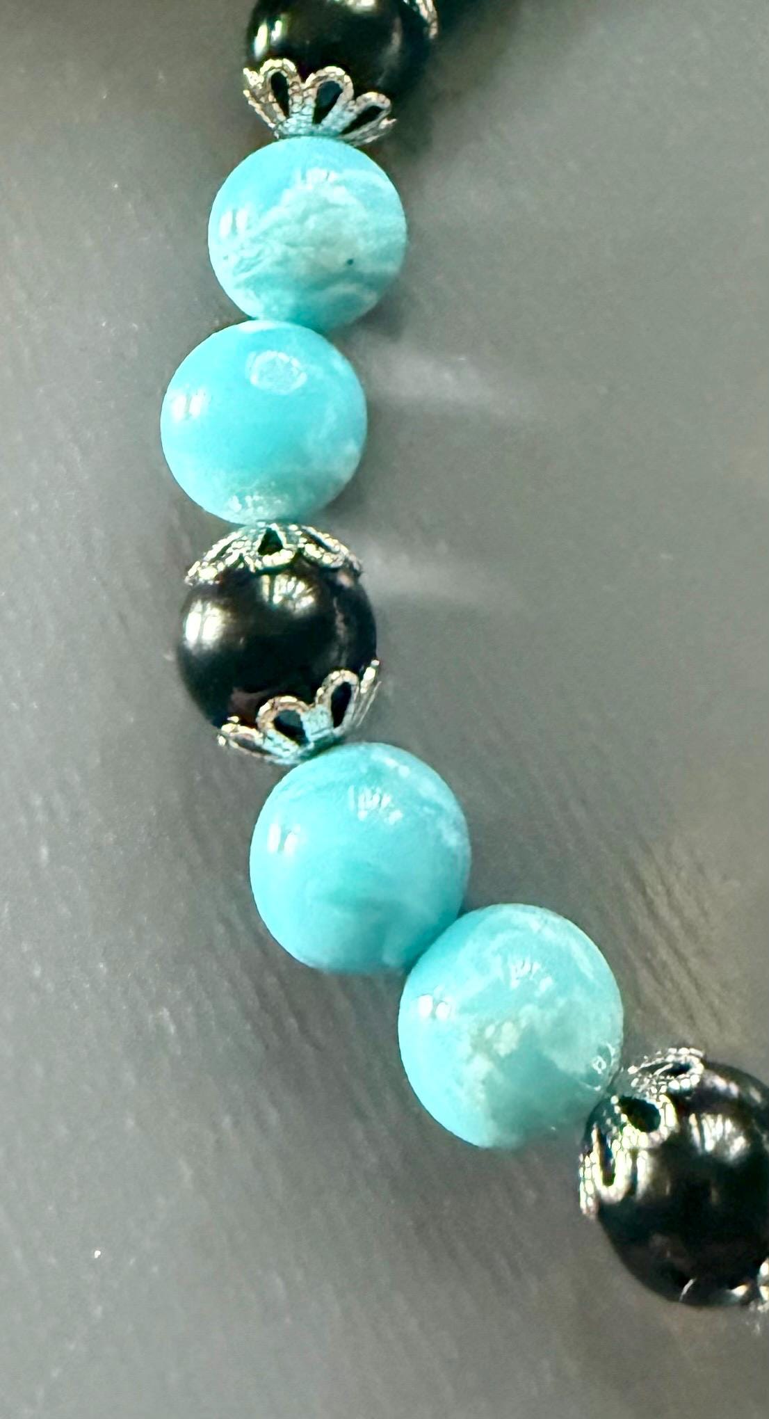 Blue Quartz and Obsidian Beaded Stretch Bracelet with Moon Goddess Charm.