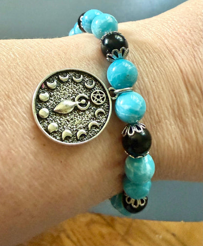 Blue Quartz and Obsidian Beaded Stretch Bracelet with Moon Goddess Charm.
