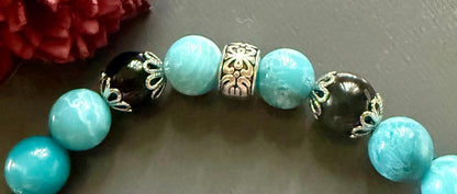 Blue Quartz and Obsidian Beaded Stretch Bracelet with Moon Goddess Charm.
