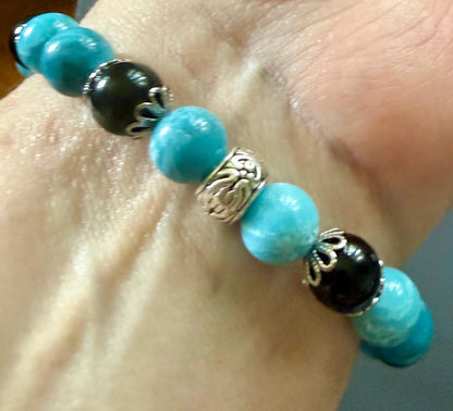 Blue Quartz and Obsidian Beaded Stretch Bracelet with Moon Goddess Charm.