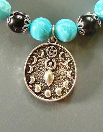 Blue Quartz and Obsidian Beaded Stretch Bracelet with Moon Goddess Charm.