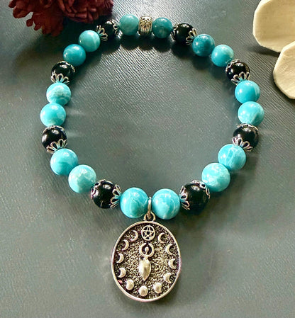 Blue Quartz and Obsidian Beaded Stretch Bracelet with Moon Goddess Charm.