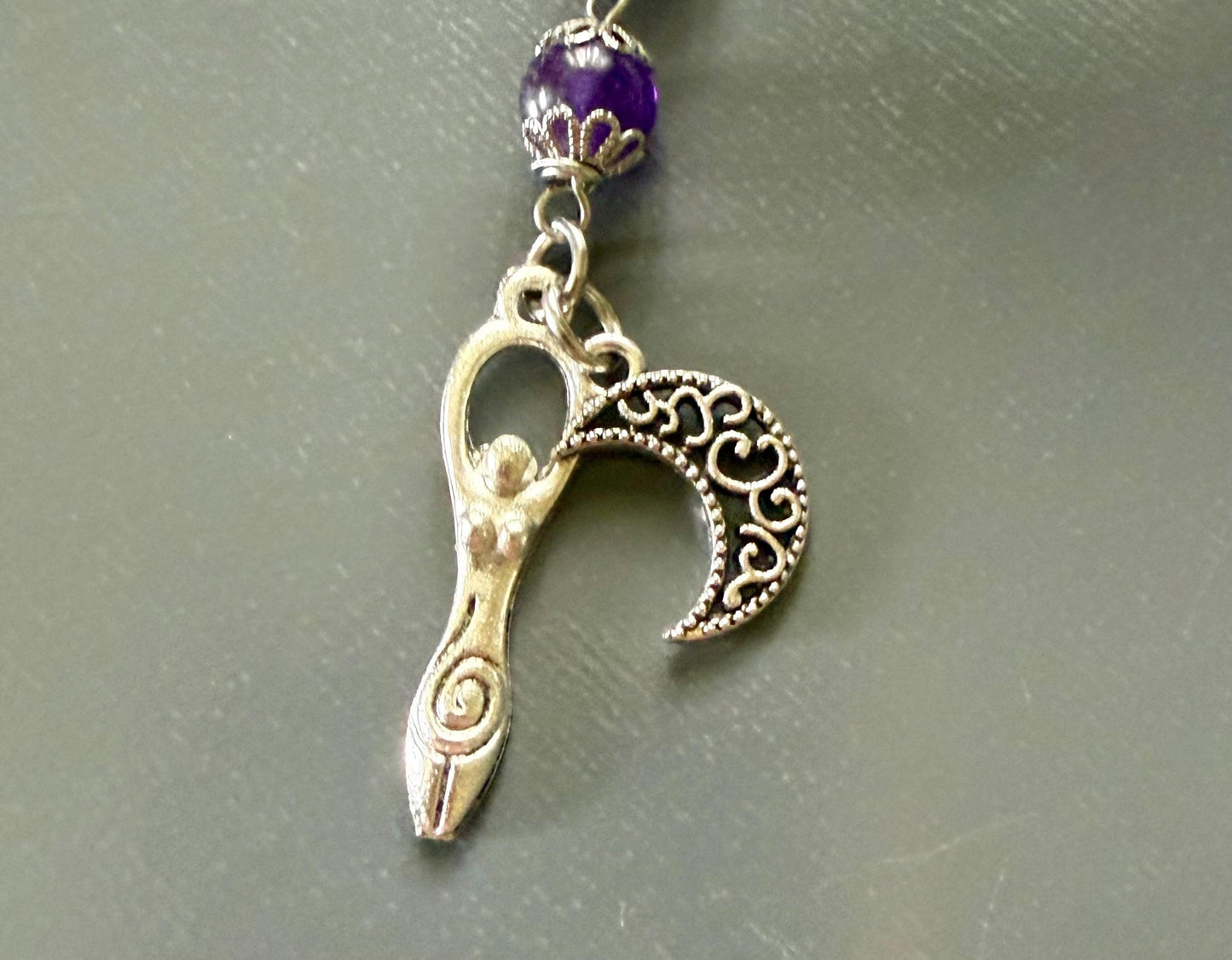 Goddess Hecate Devotional and Prayer Beads:  Amethyst, Obsidian, Moonstone, Moon and Key Charm.