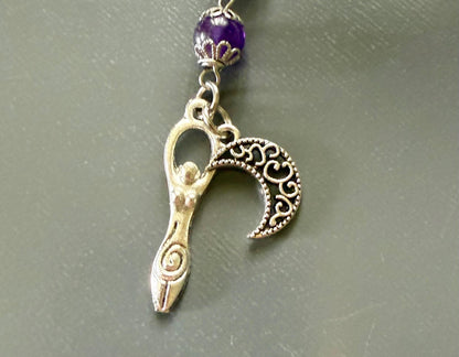 Goddess Hecate Devotional and Prayer Beads:  Amethyst, Obsidian, Moonstone, Moon and Key Charm.