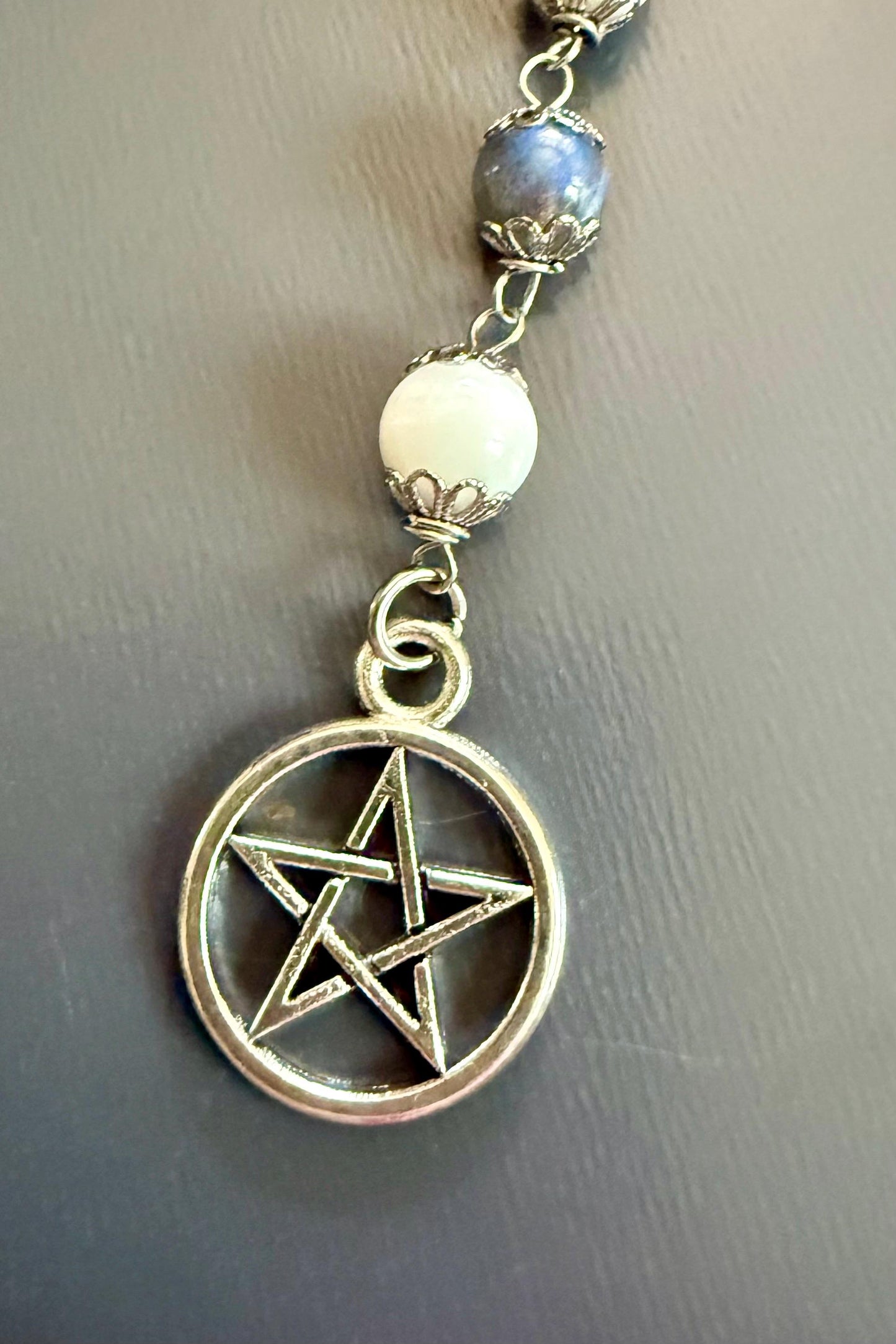 Labradorite Moonstone Pagan or Witchcraft Prayer Beads:  Pentacle, Goddess, and Moon Charm.