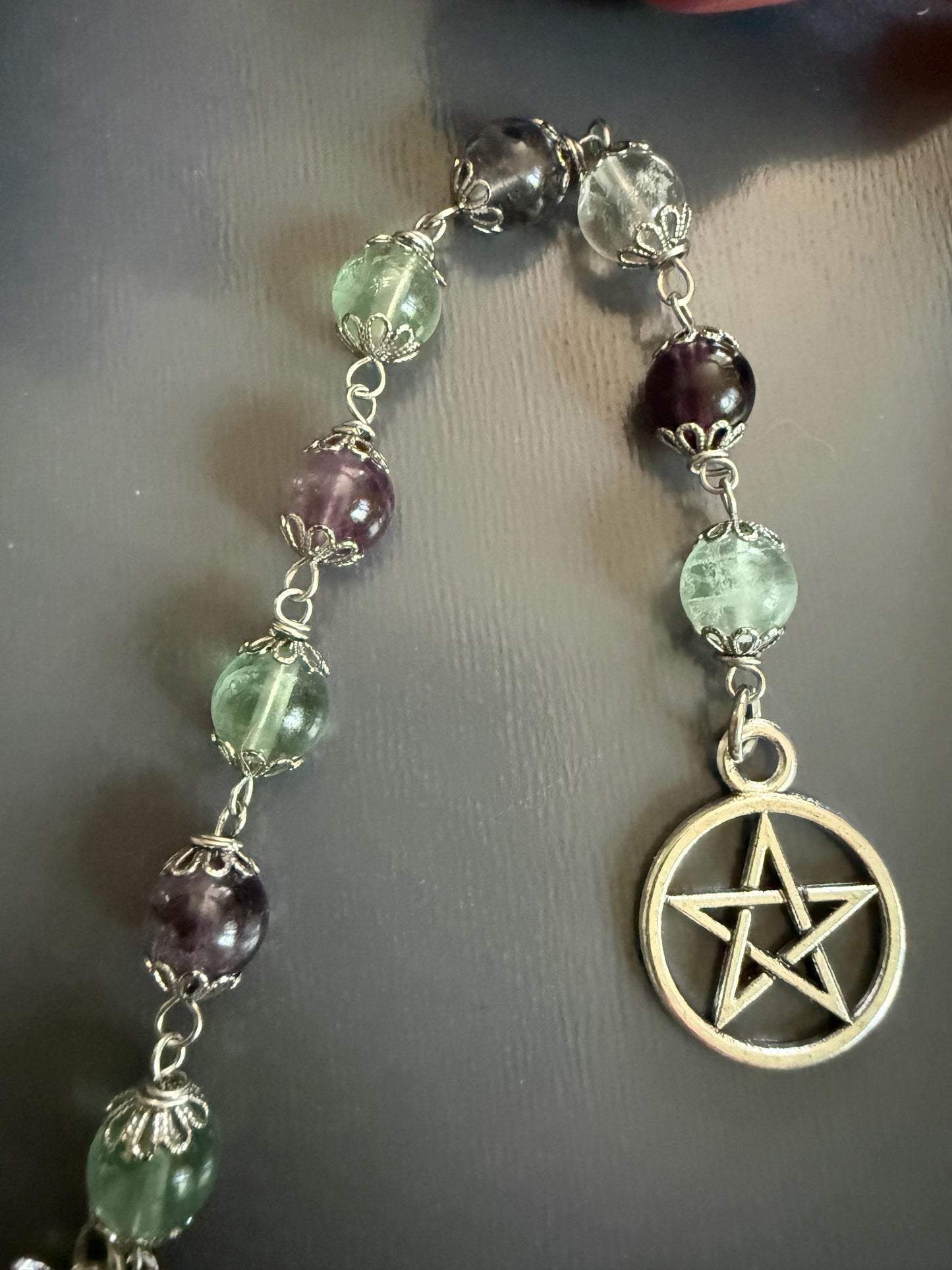 Rainbow Flourite Pagan or Witchcraft Prayer Beads with Goddess, Moon, and Pentacle Charm.