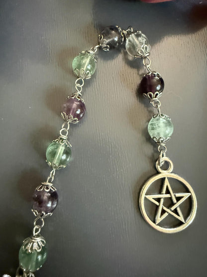 Rainbow Flourite Pagan or Witchcraft Prayer Beads with Goddess, Moon, and Pentacle Charm.