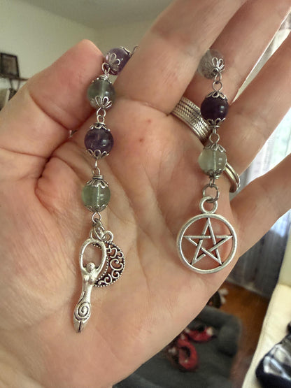 Rainbow Flourite Pagan or Witchcraft Prayer Beads with Goddess, Moon, and Pentacle Charm.