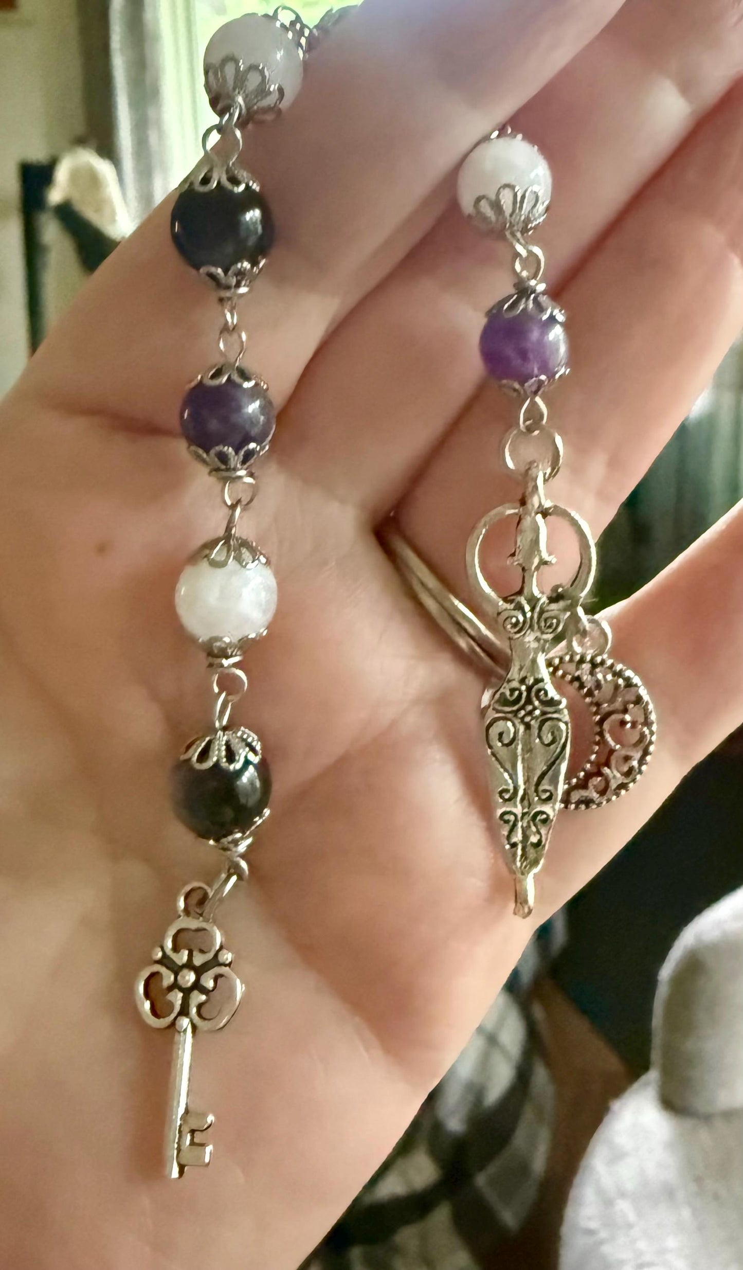 Goddess Hecate Devotional and Prayer Beads:  Amethyst, Obsidian, Moonstone, Moon and Key Charm.