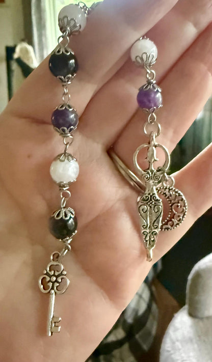 Goddess Hecate Devotional and Prayer Beads:  Amethyst, Obsidian, Moonstone, Moon and Key Charm.