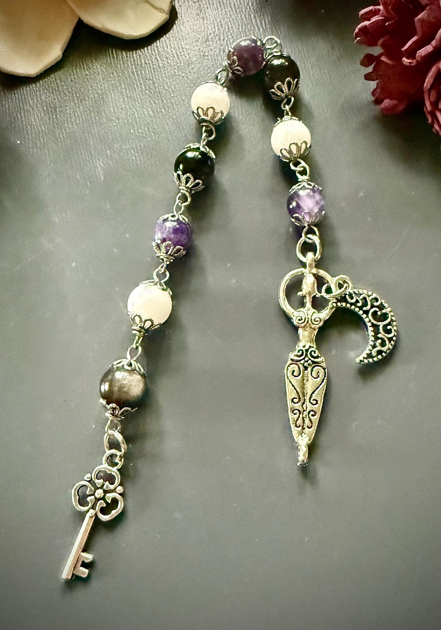 Goddess Hecate Devotional and Prayer Beads:  Amethyst, Obsidian, Moonstone, Moon and Key Charm.