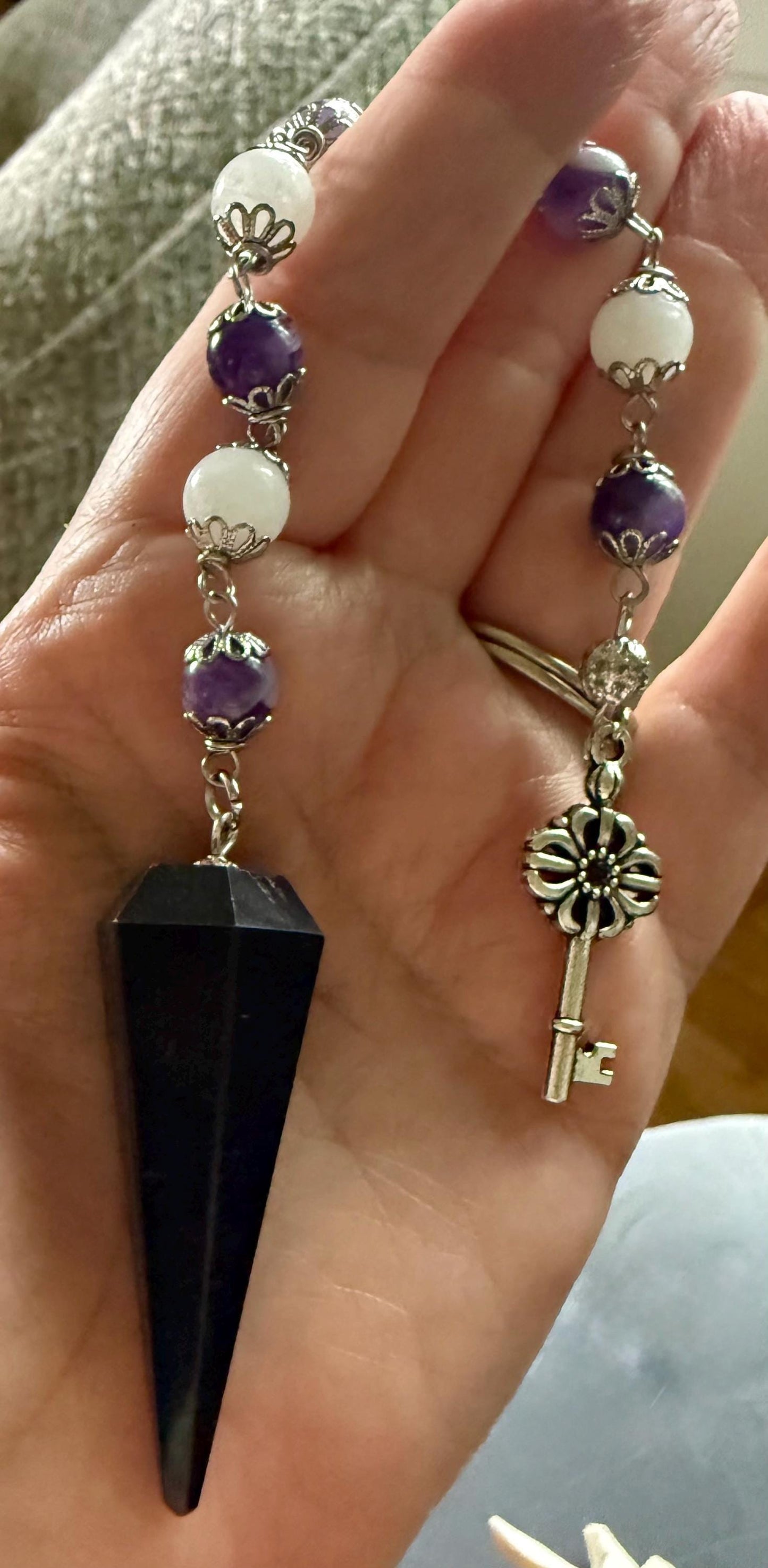 Handmade Greek Goddess Hekate Black Tourmaline Pendulum, Amethyst and Moonstone Beads.
