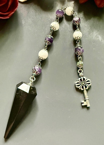 Handmade Greek Goddess Hekate Black Tourmaline Pendulum, Amethyst and Moonstone Beads.