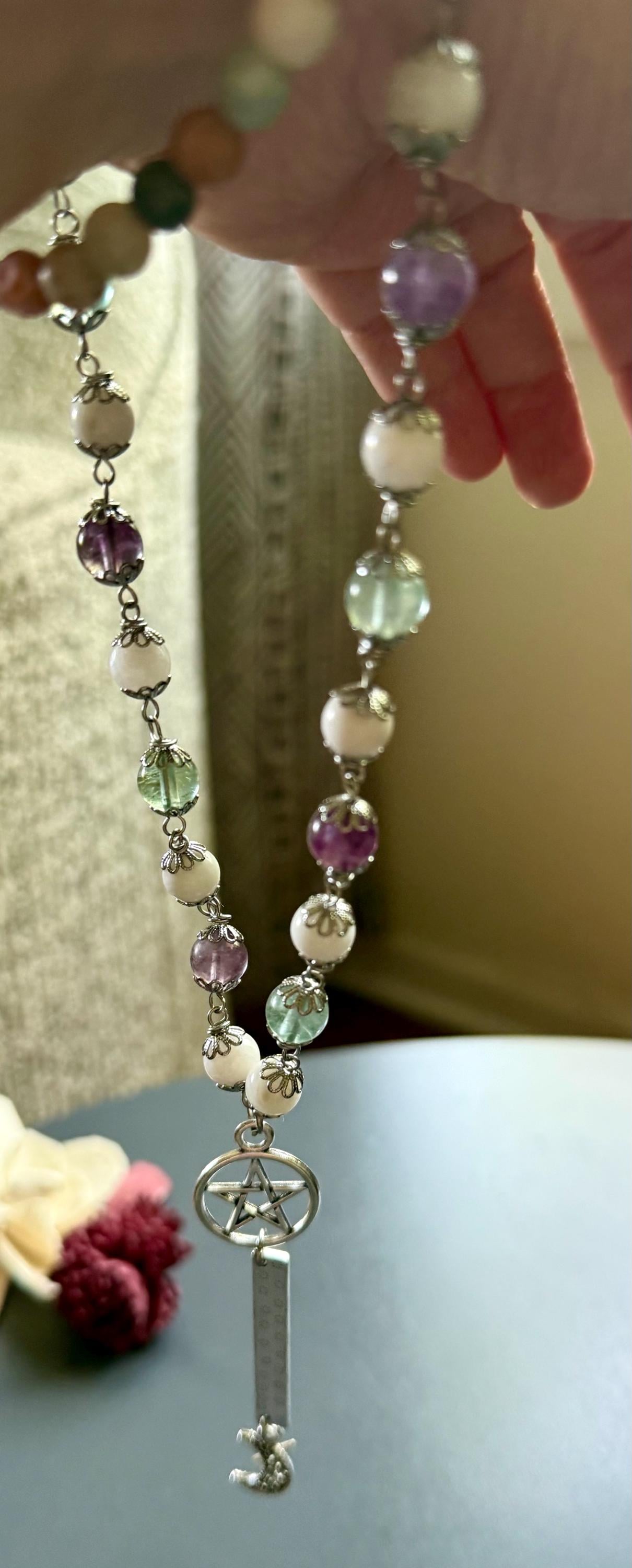 Witches Rosary with Moonstone and Rainbow Fluorite Beads.