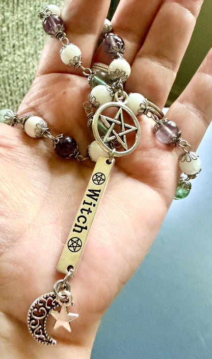 Witches Rosary with Moonstone and Rainbow Fluorite Beads.