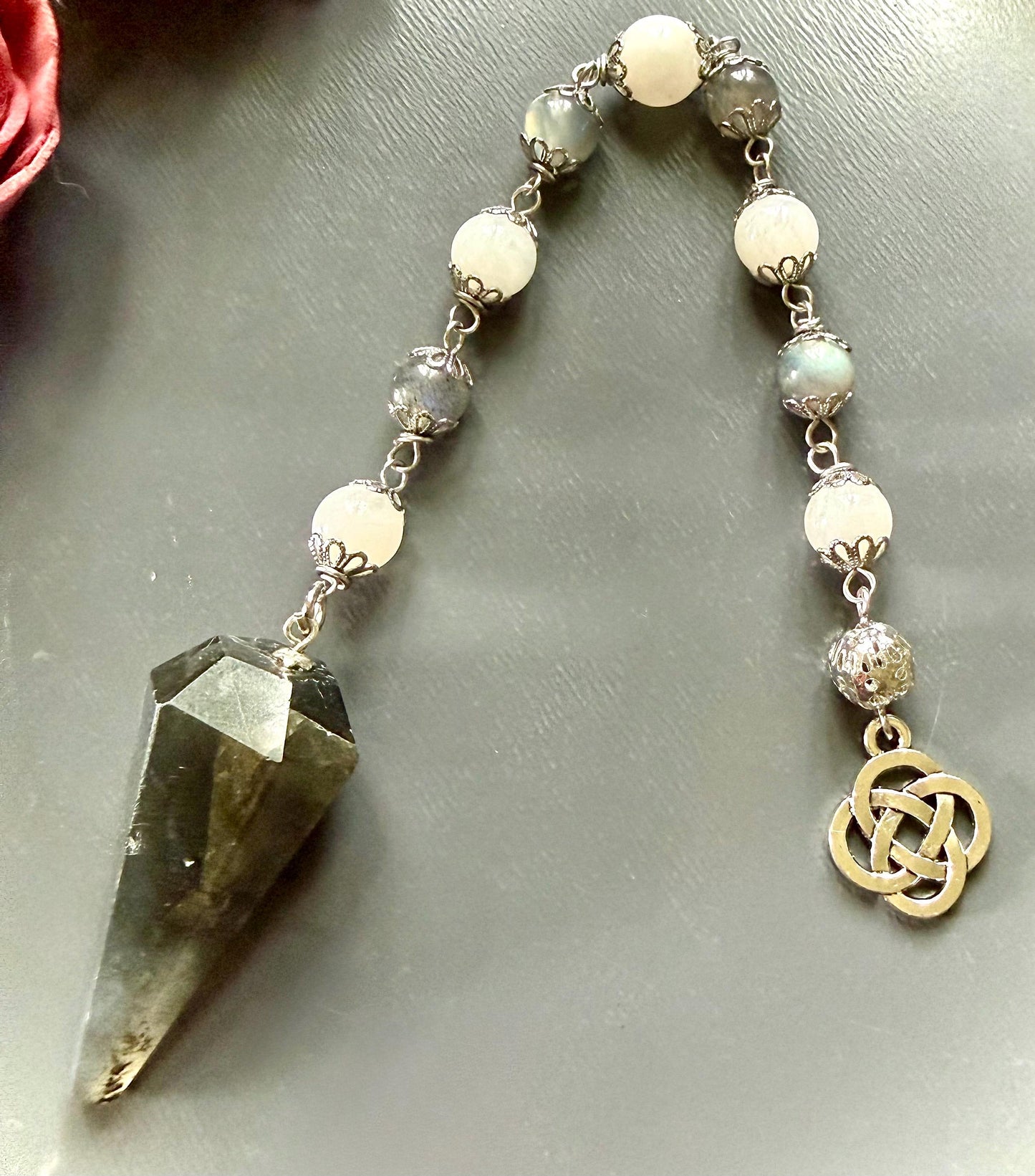 Labradorite and Moonstone Beaded Pendulum with Celtic Knot Charm.