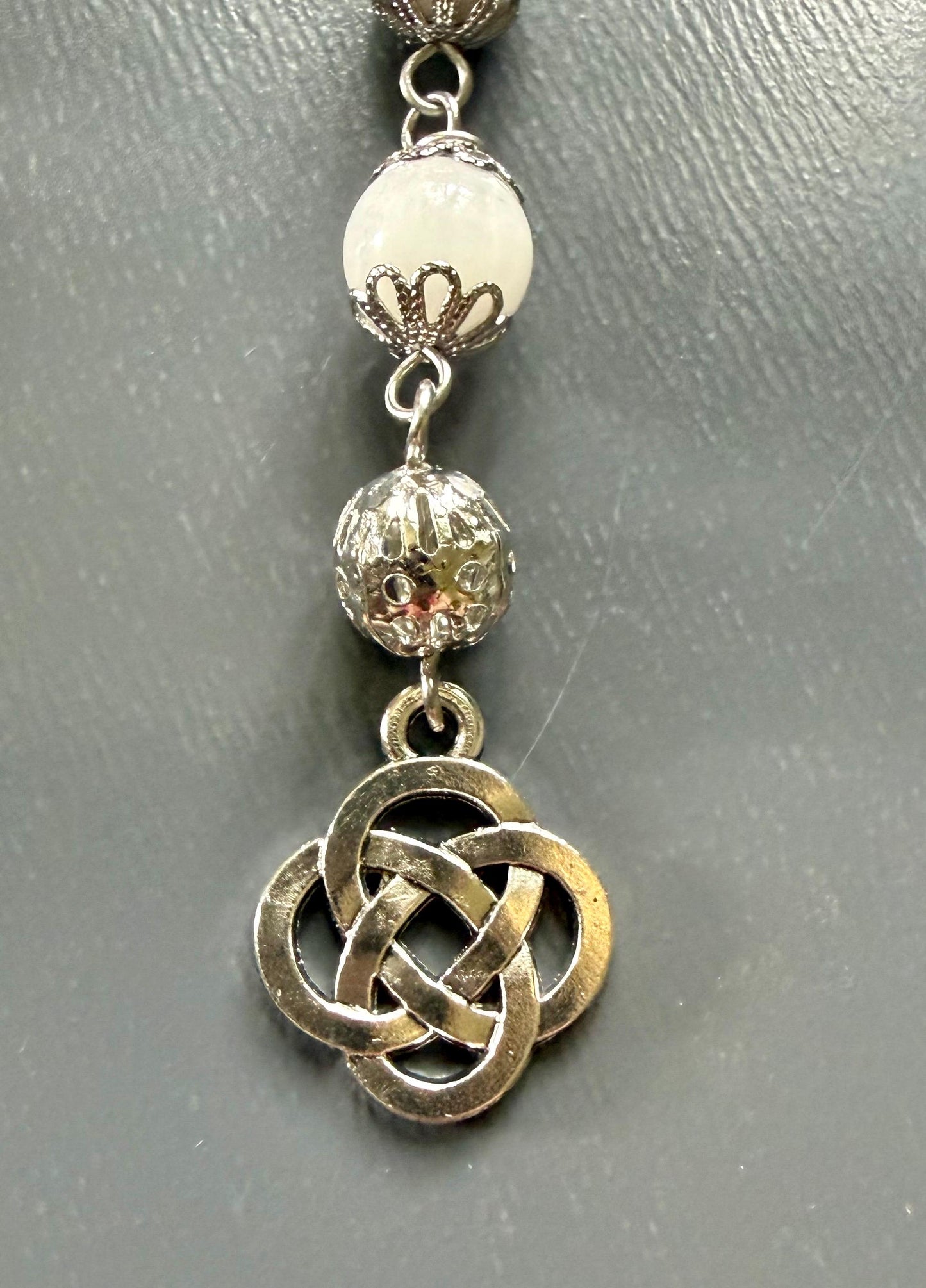 Labradorite and Moonstone Beaded Pendulum with Celtic Knot Charm.