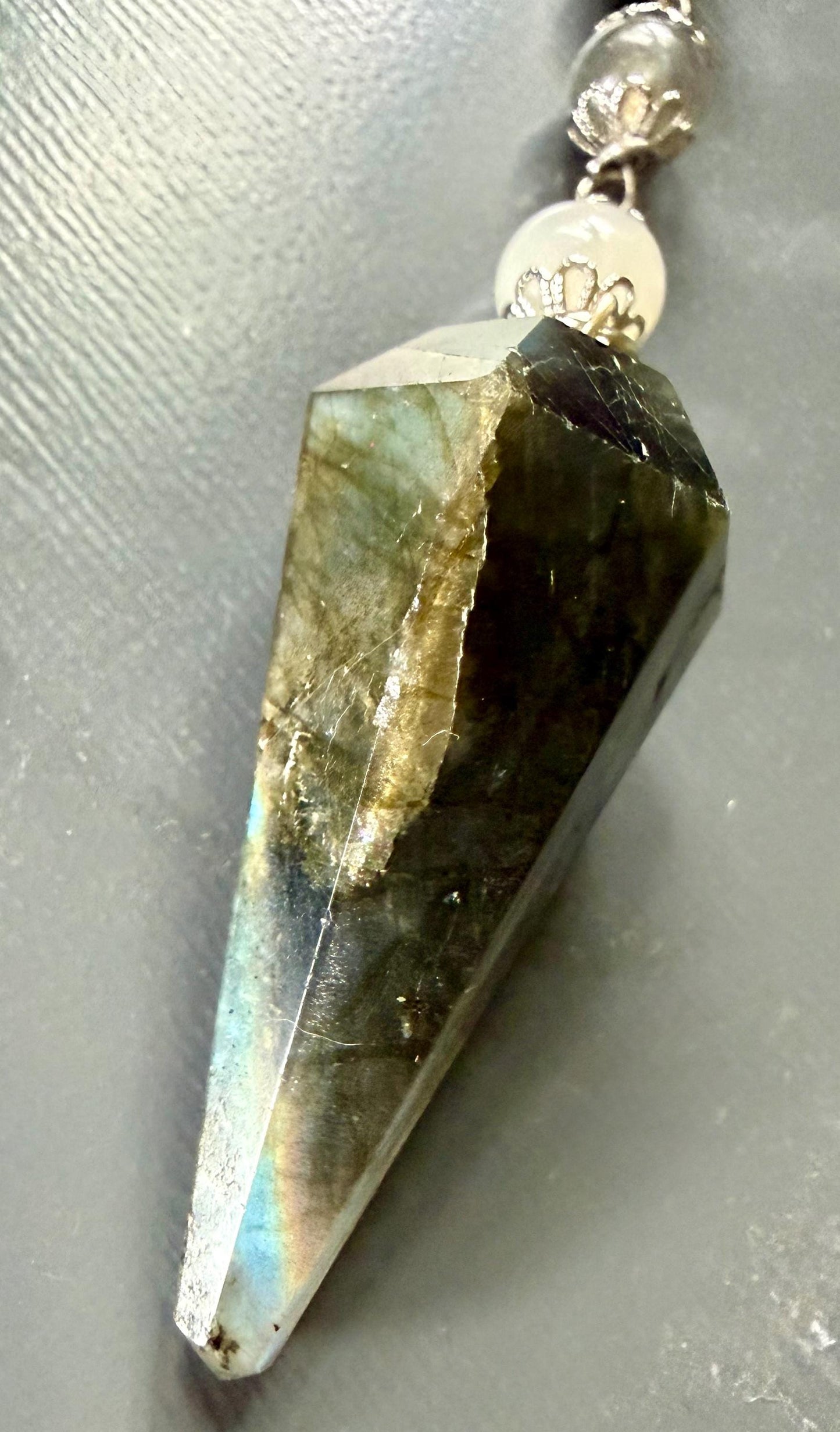Labradorite and Moonstone Beaded Pendulum with Celtic Knot Charm.