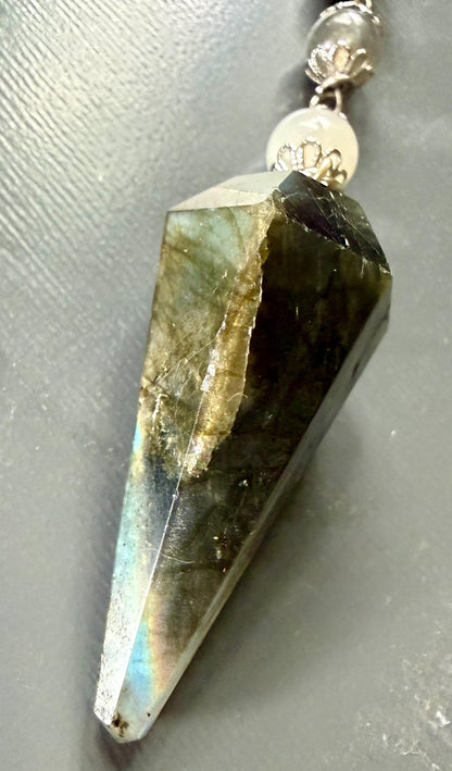 Labradorite and Moonstone Beaded Pendulum with Celtic Knot Charm.