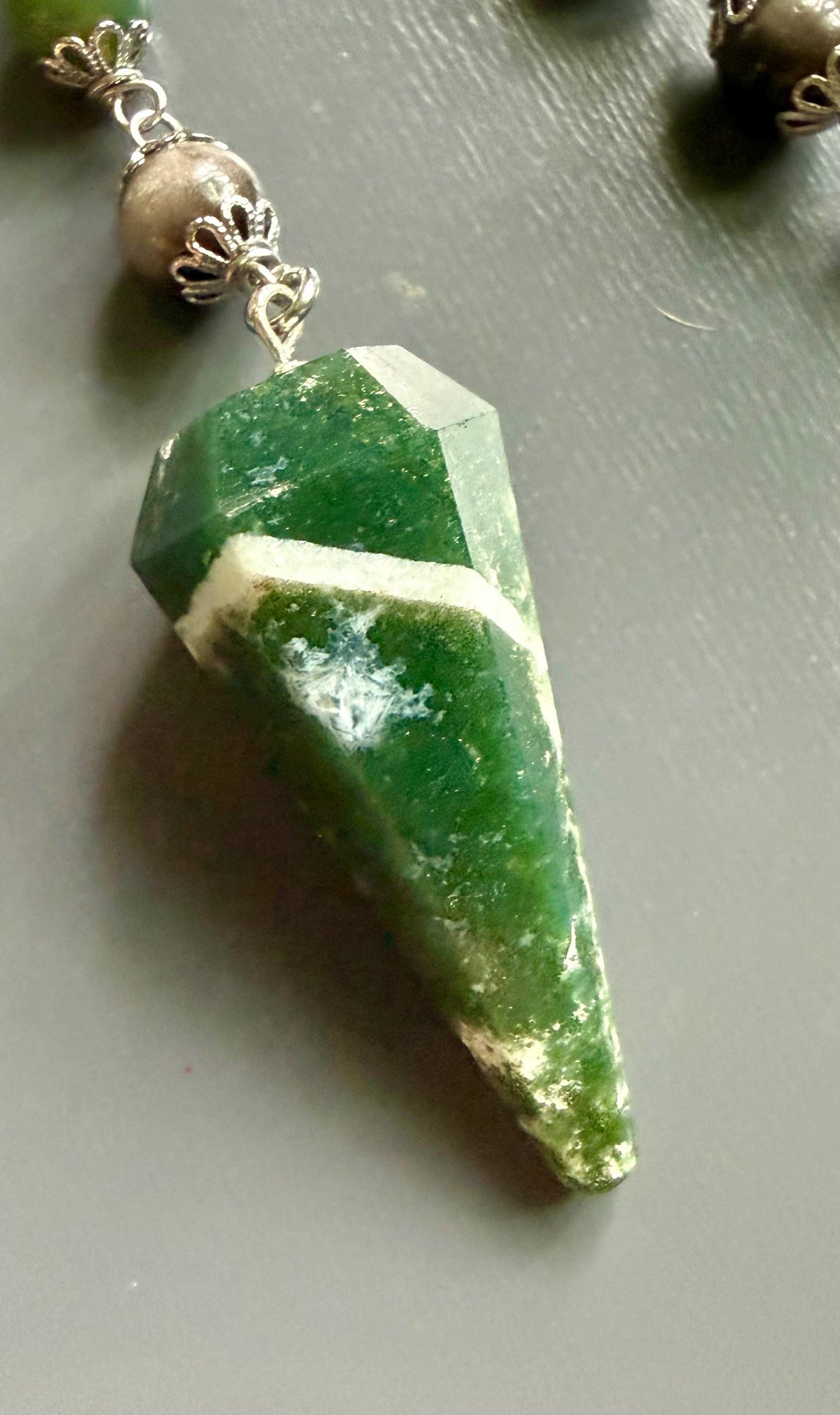 Moss Agate Pendulum with Obsidian Beads, Goddess and Pentacle Charm.