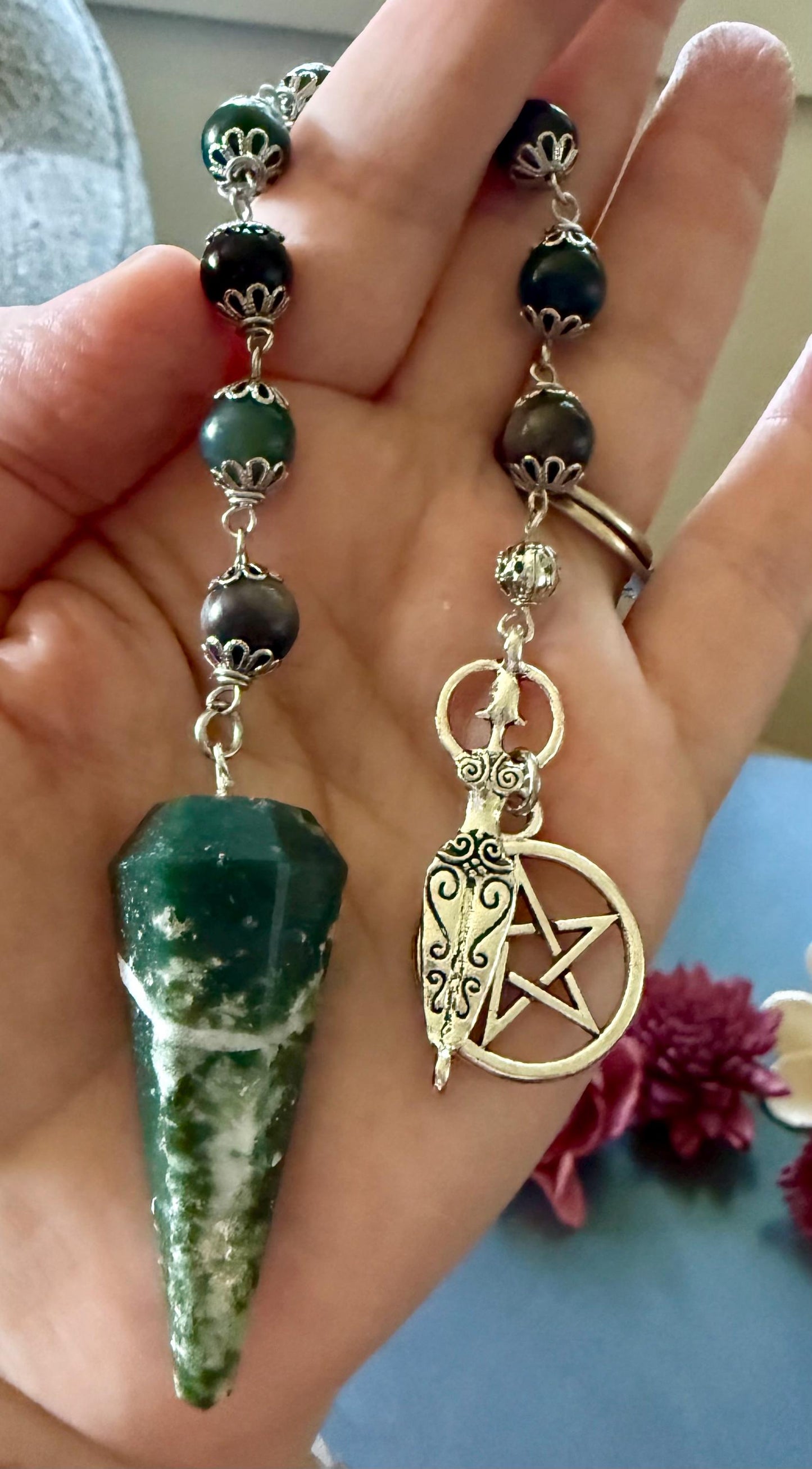 Moss Agate Pendulum with Obsidian Beads, Goddess and Pentacle Charm.