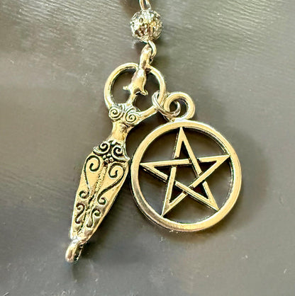 Moss Agate Pendulum with Obsidian Beads, Goddess and Pentacle Charm.