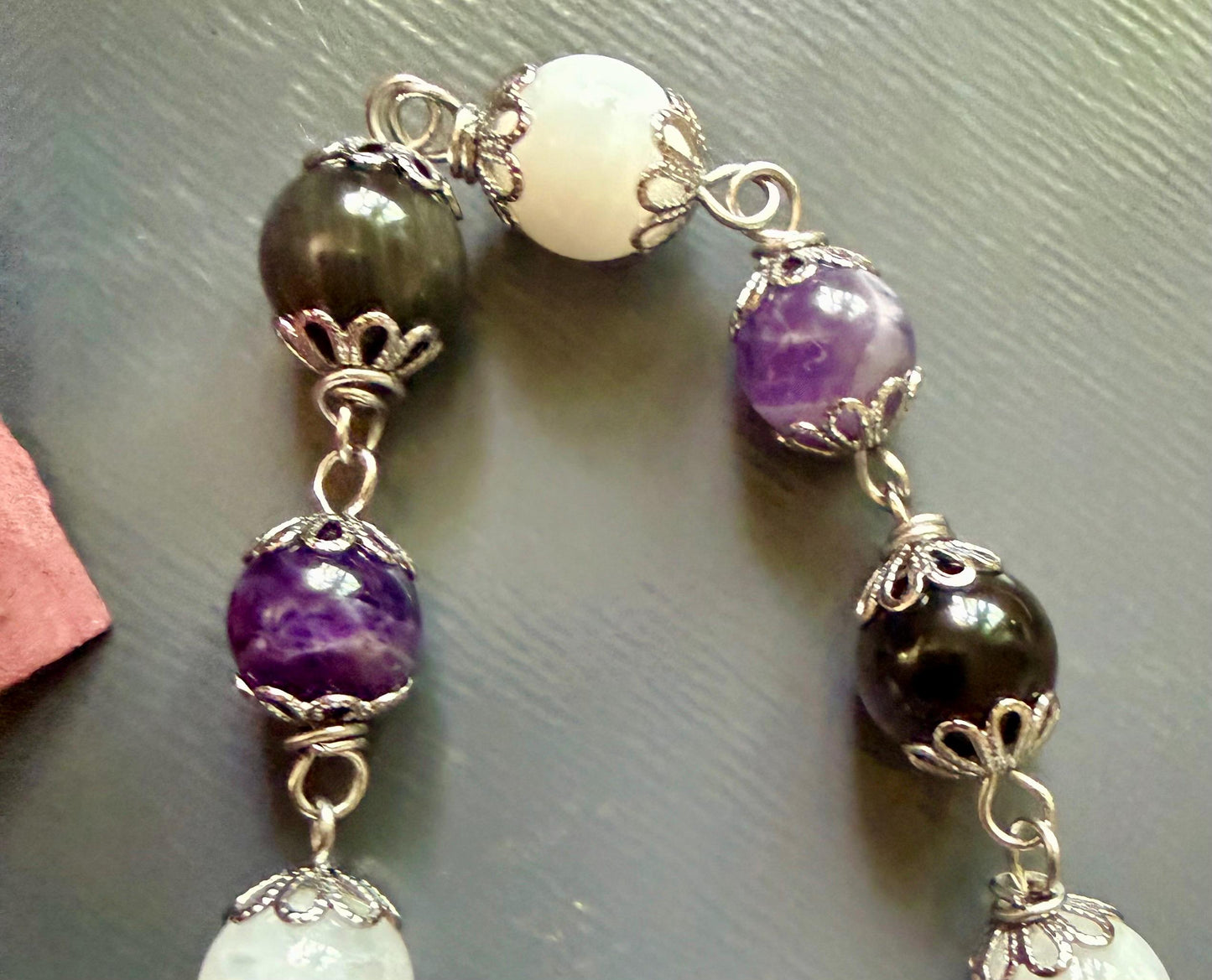 Goddess Hecate Divination Pendulum: Amethyst, Obsidian, Moonstone, and Key Charm.