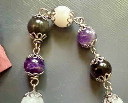 Goddess Hecate Divination Pendulum: Amethyst, Obsidian, Moonstone, and Key Charm.