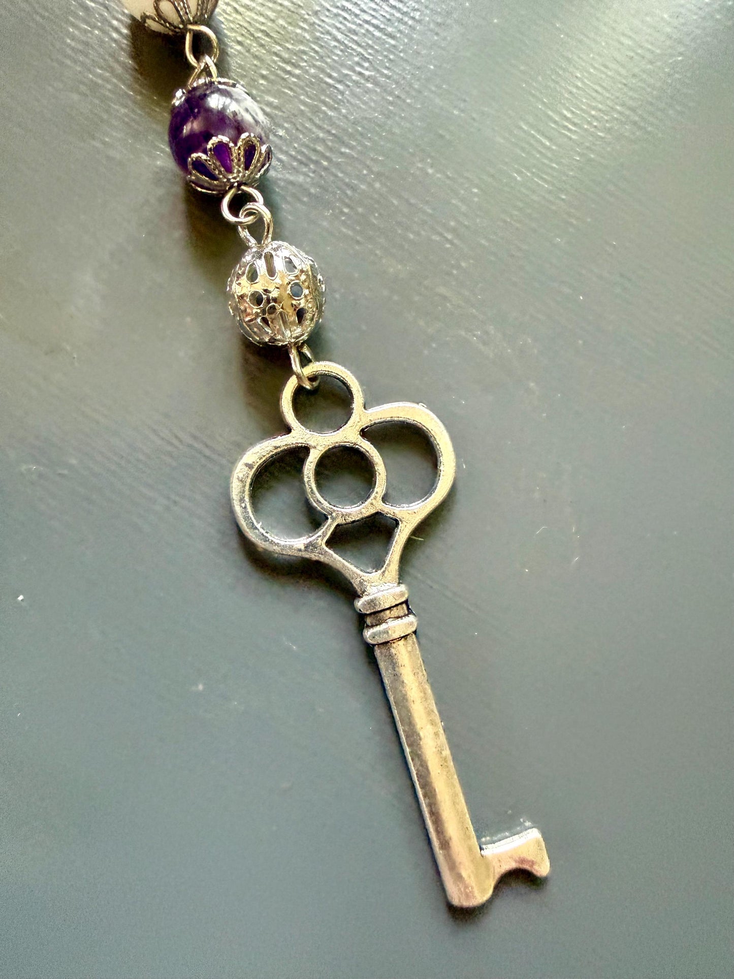 Goddess Hecate Divination Pendulum: Amethyst, Obsidian, Moonstone, and Key Charm.