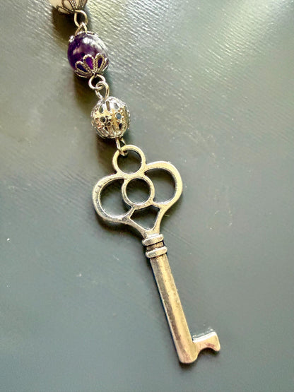 Goddess Hecate Divination Pendulum: Amethyst, Obsidian, Moonstone, and Key Charm.