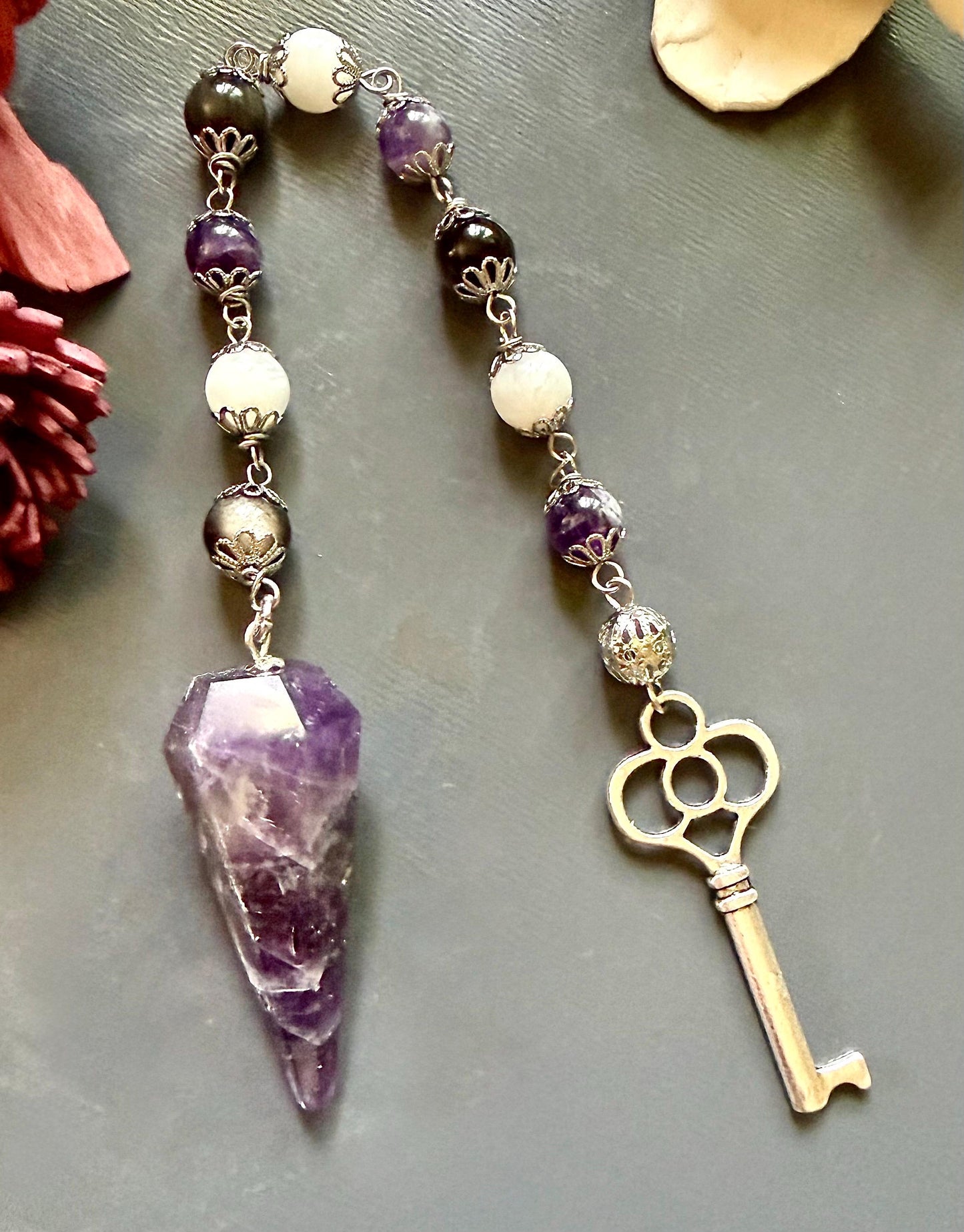 Goddess Hecate Divination Pendulum: Amethyst, Obsidian, Moonstone, and Key Charm.