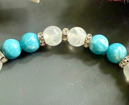 Blue Quartz and Selenite Beaded Stretch Bracelet with Moon Goddess Charm.