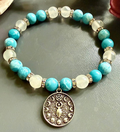 Blue Quartz and Selenite Beaded Stretch Bracelet with Moon Goddess Charm.