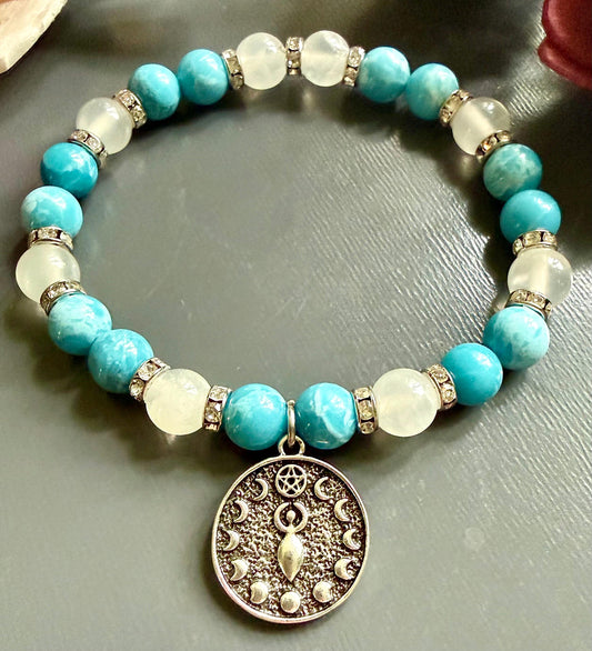 Blue Quartz and Selenite Beaded Stretch Bracelet with Moon Goddess Charm.