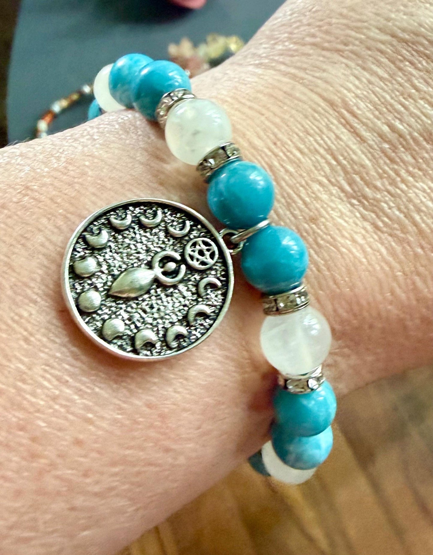 Blue Quartz and Selenite Beaded Stretch Bracelet with Moon Goddess Charm.