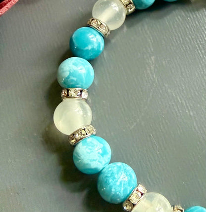 Blue Quartz and Selenite Beaded Stretch Bracelet with Moon Goddess Charm.