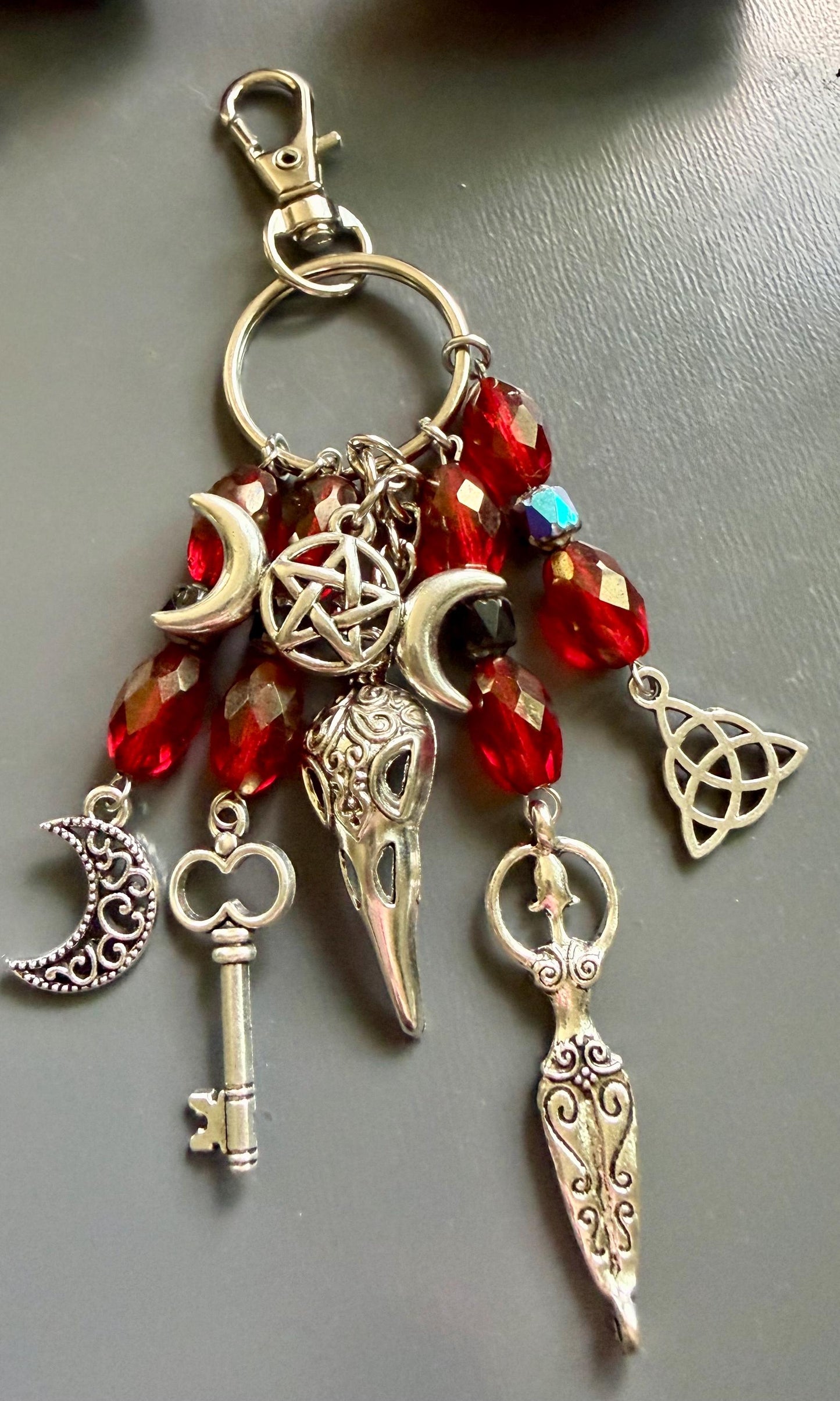 The Morrigan Keychain Bag Charm with Iridescent Glass Beads.