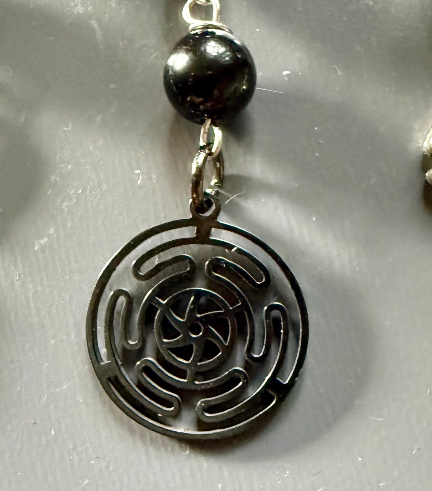 Hekate’s Wheel Car Charm with Obsidian, Purple Glass Beads, Goddess, and Key Charm.