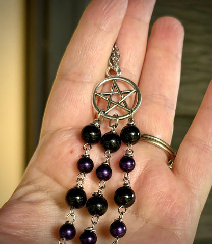 Hekate’s Wheel Car Charm with Obsidian, Purple Glass Beads, Goddess, and Key Charm.