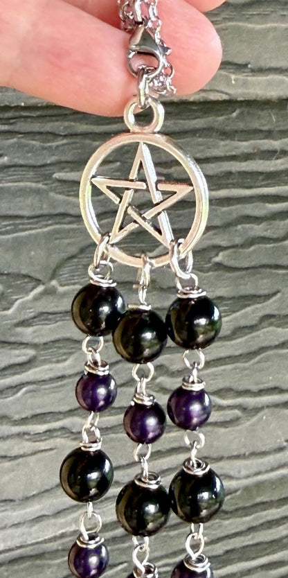 Hekate’s Wheel Car Charm with Obsidian, Purple Glass Beads, Goddess, and Key Charm.