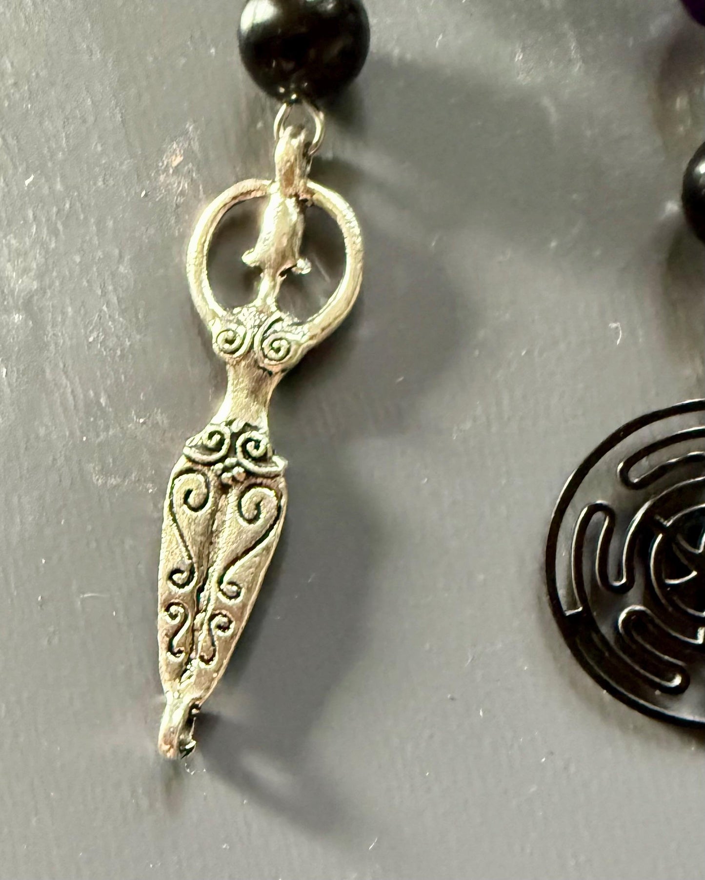 Hekate’s Wheel Car Charm with Obsidian, Purple Glass Beads, Goddess, and Key Charm.
