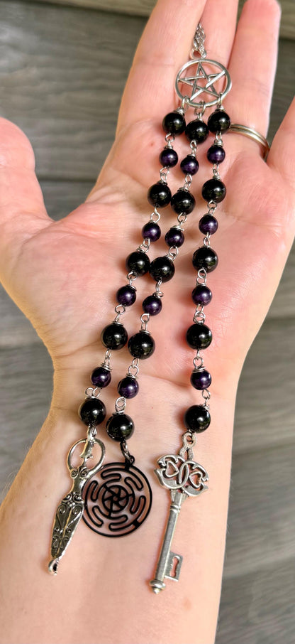 Hekate’s Wheel Car Charm with Obsidian, Purple Glass Beads, Goddess, and Key Charm.