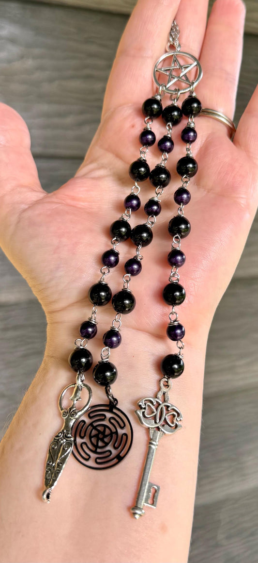 Hekate’s Wheel Car Charm with Obsidian, Purple Glass Beads, Goddess, and Key Charm.