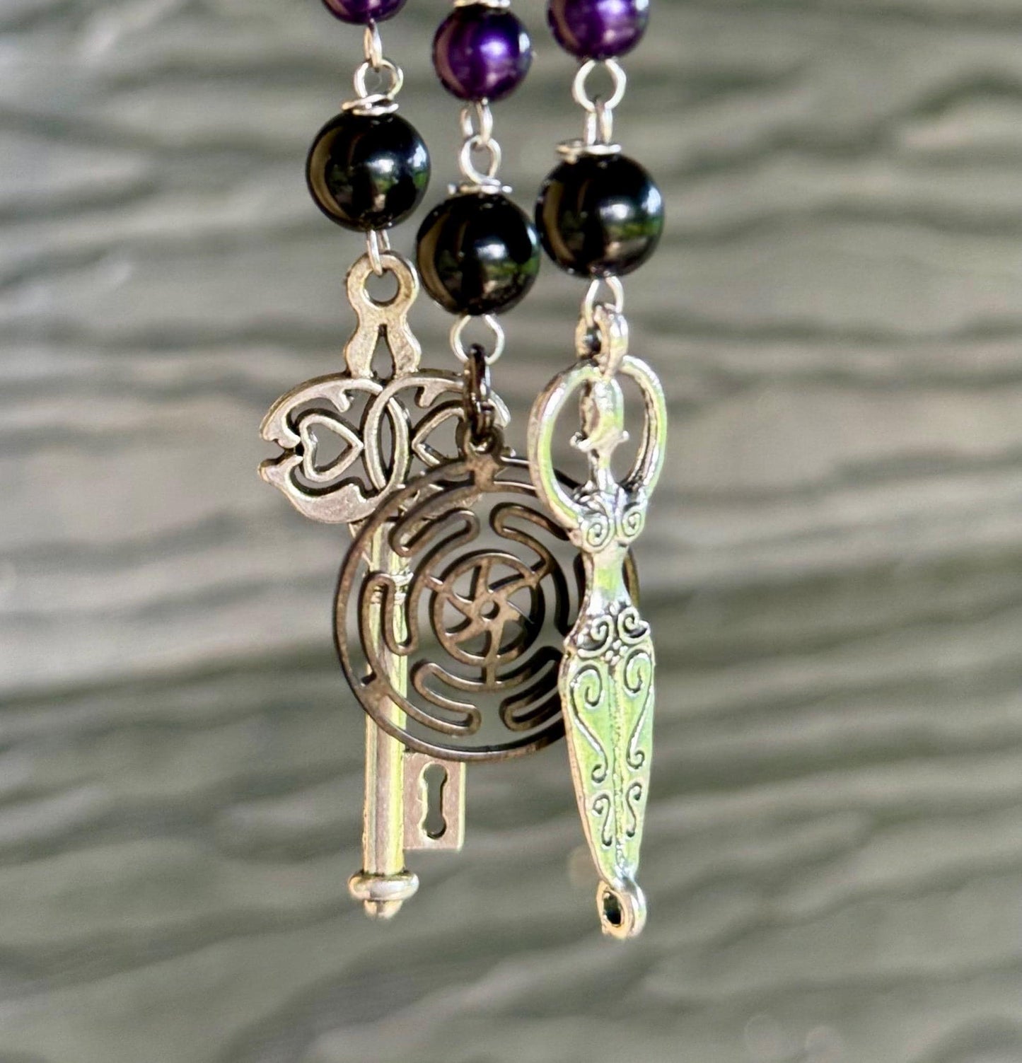 Hekate’s Wheel Car Charm with Obsidian, Purple Glass Beads, Goddess, and Key Charm.