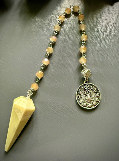 Serpentine Dowsing Pendulum with Iridescent Glass Beads and Moon Goddess Charm.