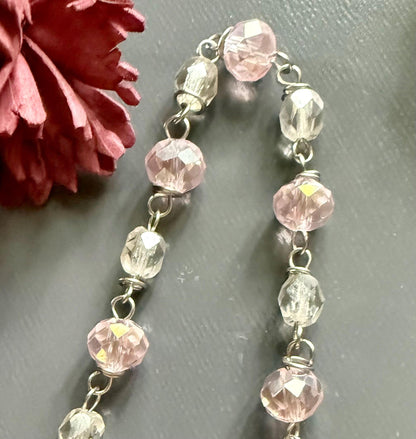 Rose Quartz Pendulum Point with Crystal Glass Beads, Goddess and Heart Charm.