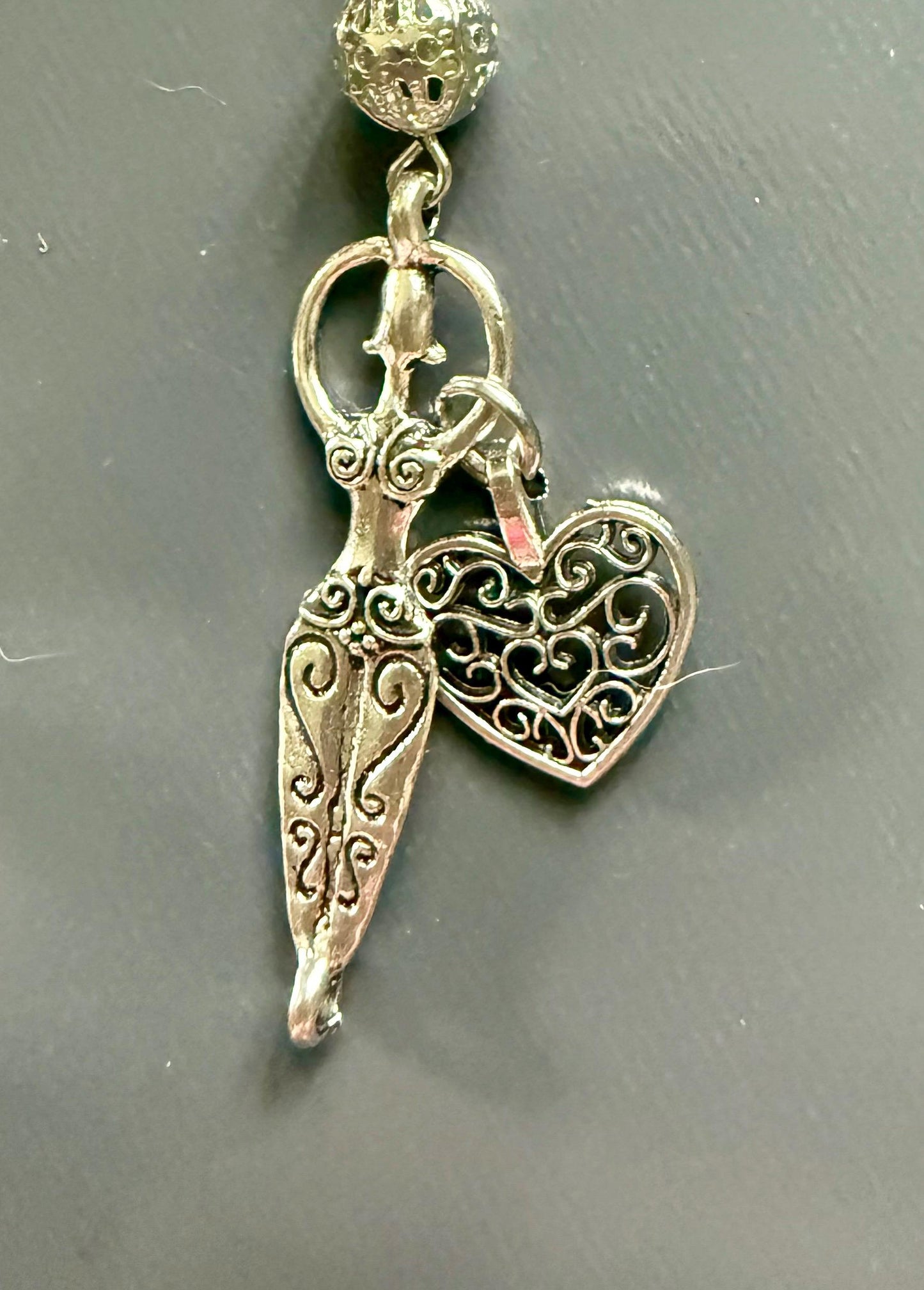 Rose Quartz Pendulum Point with Crystal Glass Beads, Goddess and Heart Charm.