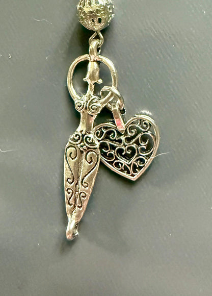 Rose Quartz Pendulum Point with Crystal Glass Beads, Goddess and Heart Charm.