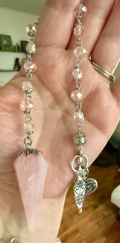 Rose Quartz Pendulum Point with Crystal Glass Beads, Goddess and Heart Charm.