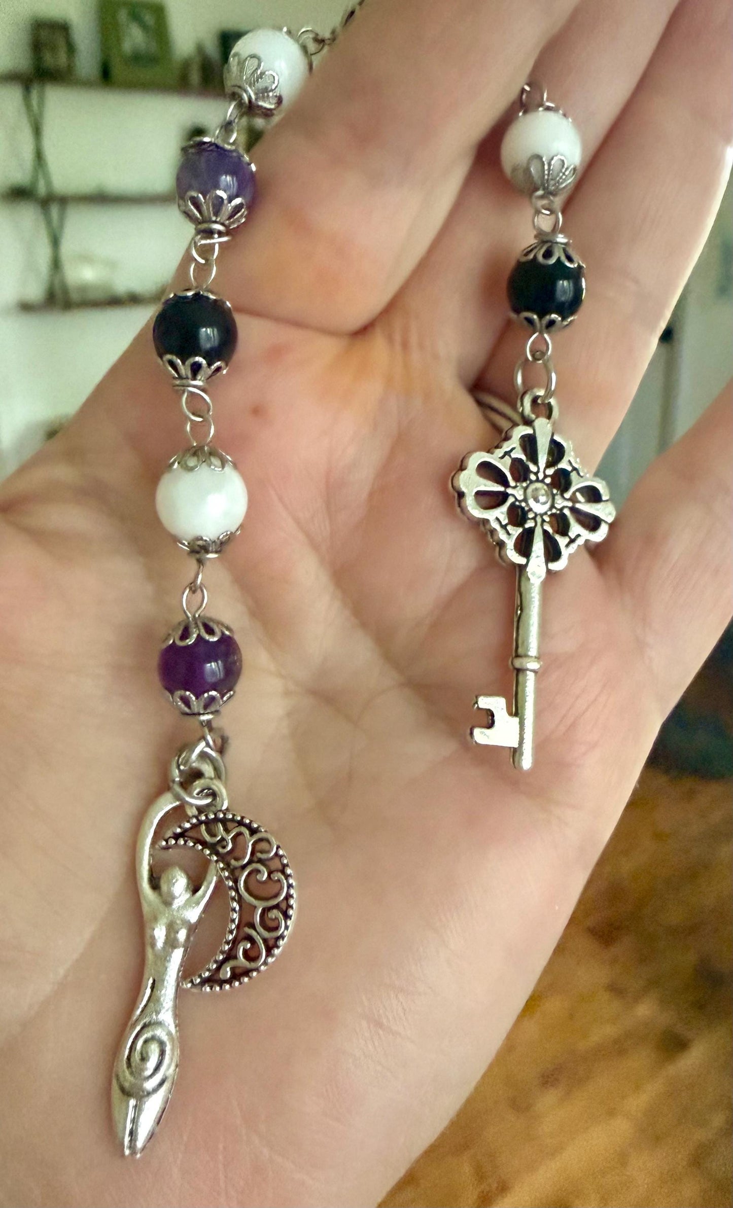 Goddess Hecate Devotional and Prayer Beads:  Amethyst, Obsidian, Moonstone, Moon and Key Charm.